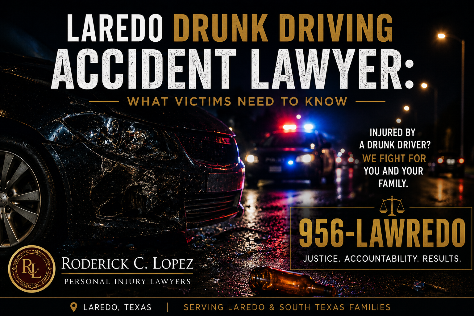 Laredo drunk driving accident lawyer advertisement with crashed vehicle and police lights promoting Roderick C. Lopez Personal Injury Lawyers in Laredo, Texas.