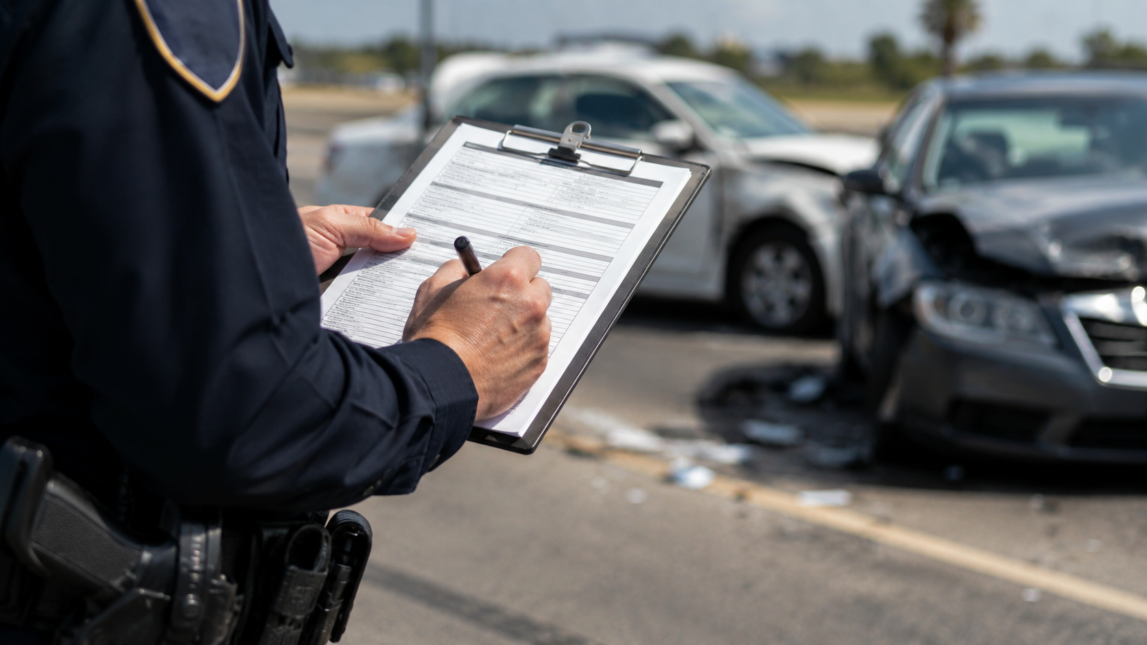 Police officer writing a traffic accident report after a car accident in Texas.